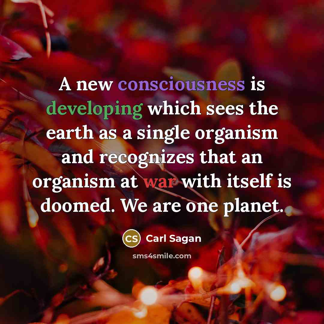 “A new consciousness is developing which sees the earth as a single organism and recognizes that an organism at war with itself is doomed. We are one planet.” quote by Carl Sagan