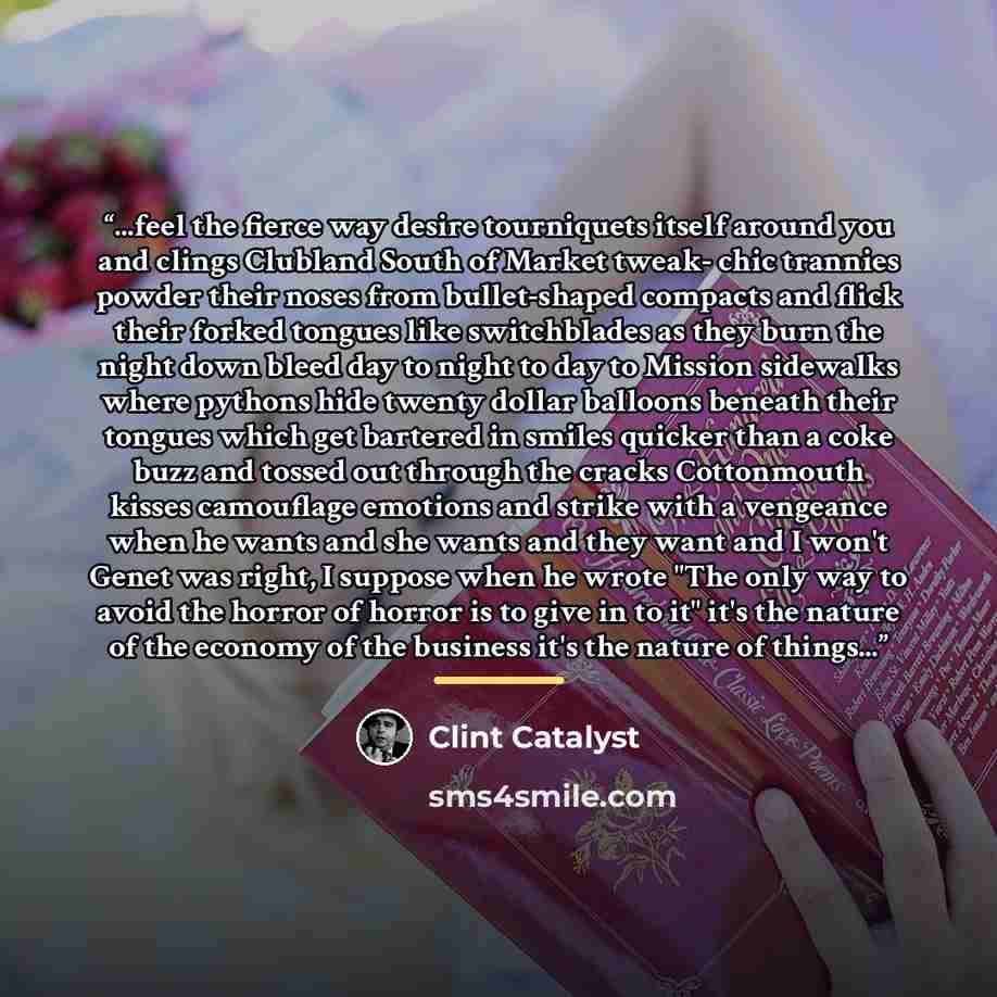 “...feel the fierce way desire tourniquets itself around you and clings Clubland South of Market tweak- chic trannies powder their noses from bullet-shaped compacts and flick their forked tongues like switchblades as they burn the night down bleed day to night to day to Mission sidewalks where…” quote by Clint Catalyst