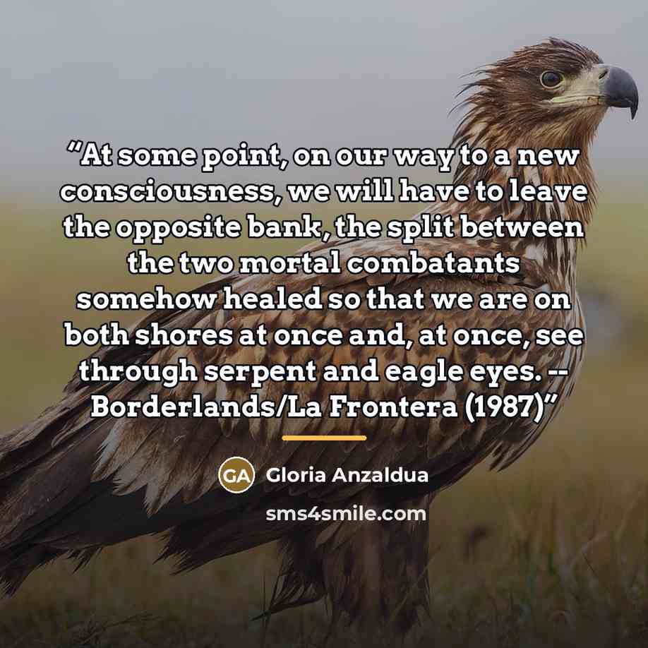 “At some point, on our way to a new consciousness, we will have to leave the opposite bank, the split between the two mortal combatants somehow healed so that we are on both shores at once and, at once, see through serpent and eagle eyes. -- Borderlands/La Frontera (1987)” quote by Gloria Anzaldúa
