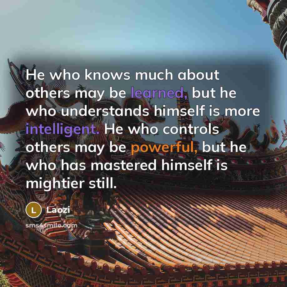 “He who knows much about others may be learned, but he who understands himself is more intelligent. He who controls others may be powerful, but he who has mastered himself is mightier still.” quote by Laozi