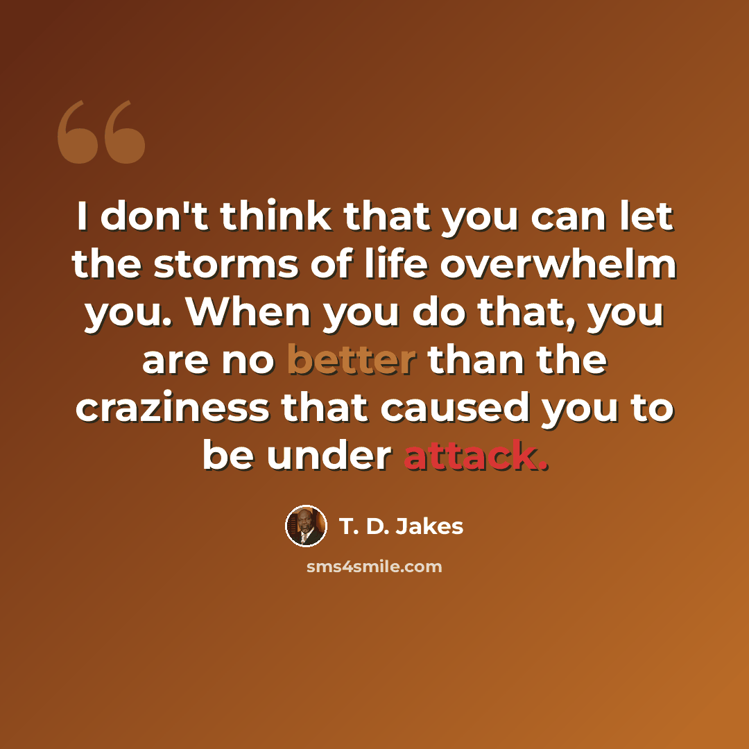 “I don't think that you can let the storms of life overwhelm you. When you do that, you are no better than the craziness that caused you to be under attack.” quote by T. D. Jakes