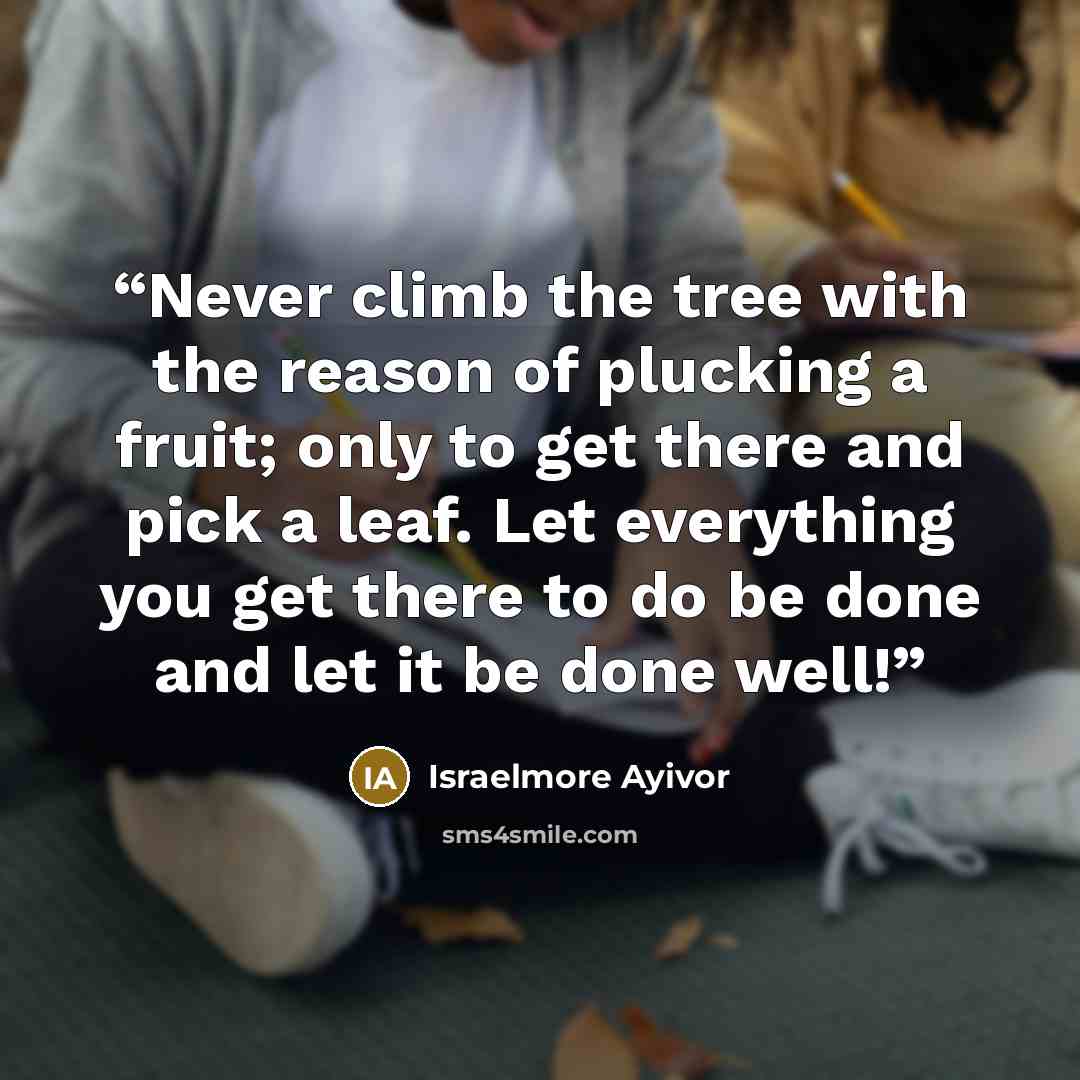“Never climb the tree with the reason of plucking a fruit; only to get there and pick a leaf. Let everything you get there to do be done and let it be done well!” quote by Israelmore Ayivor