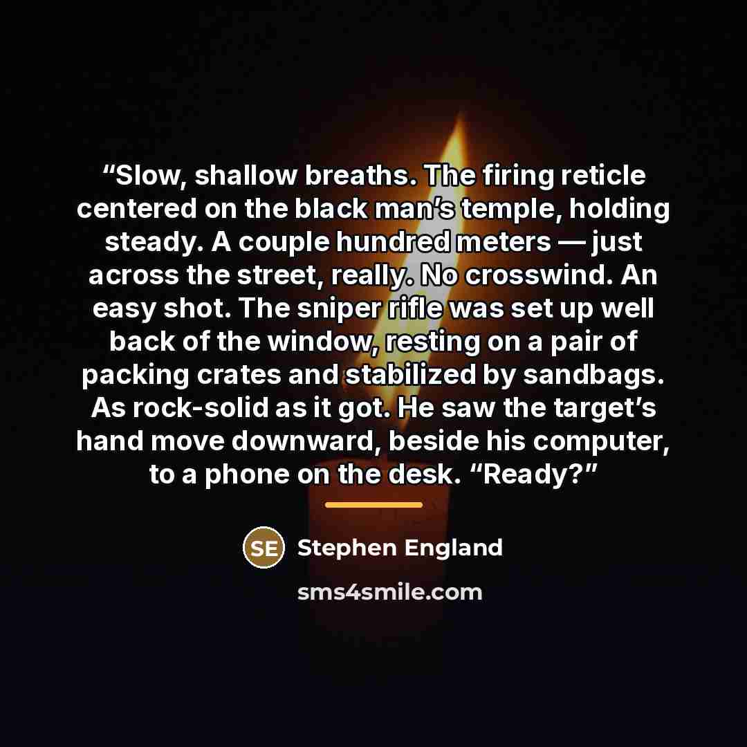 “Slow, shallow breaths. The firing reticle centered on the black man’s temple, holding steady. A couple hundred meters — just across the street, really. No crosswind. An easy shot. The sniper rifle was set up well back of the window, resting on a pair of packing crates and stabilized by sandbags…” quote by Stephen England