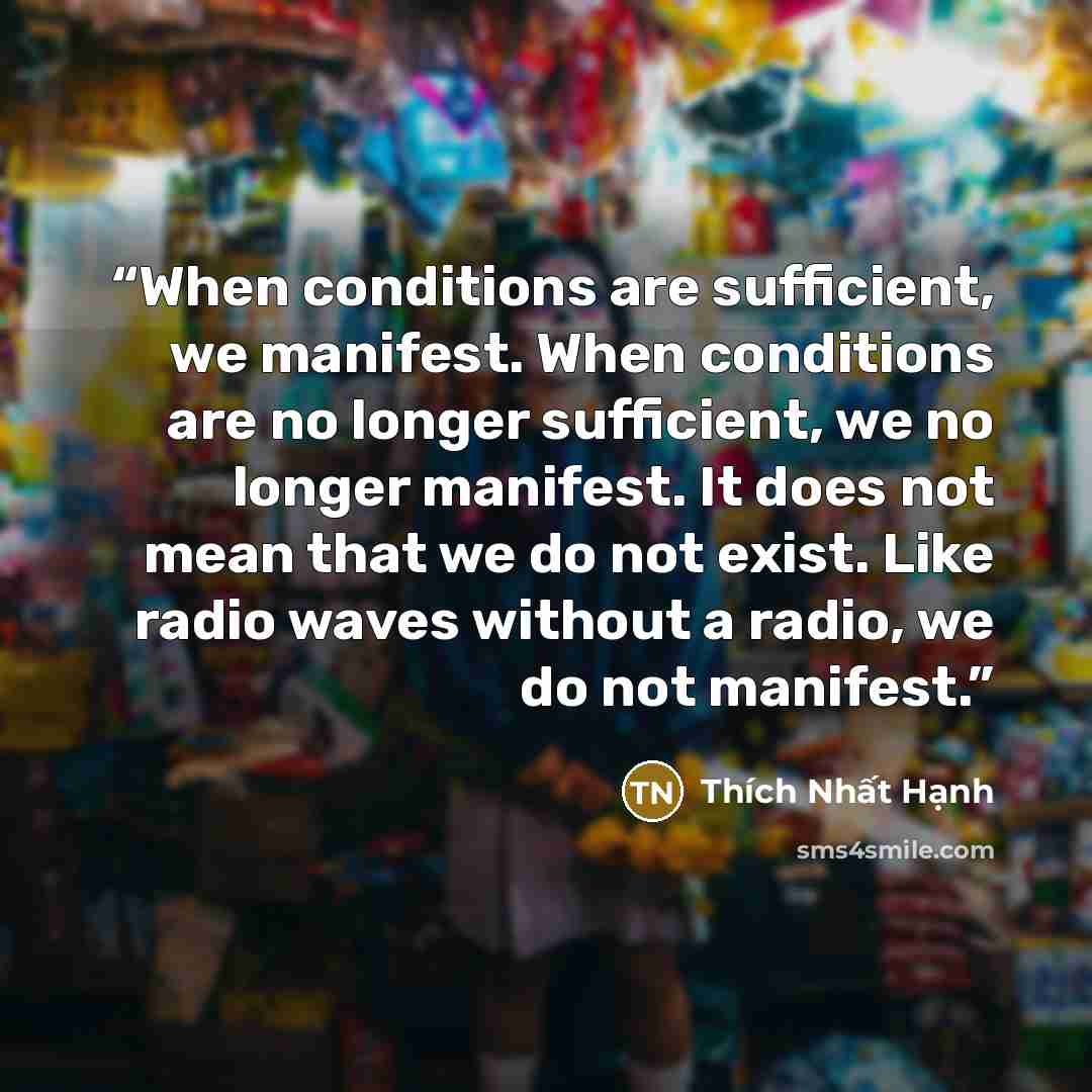 “When conditions are sufficient, we manifest. When conditions are no longer sufficient, we no longer manifest. It does not mean that we do not exist. Like radio waves without a radio, we do not manifest.” quote by Thich Nhat Hanh