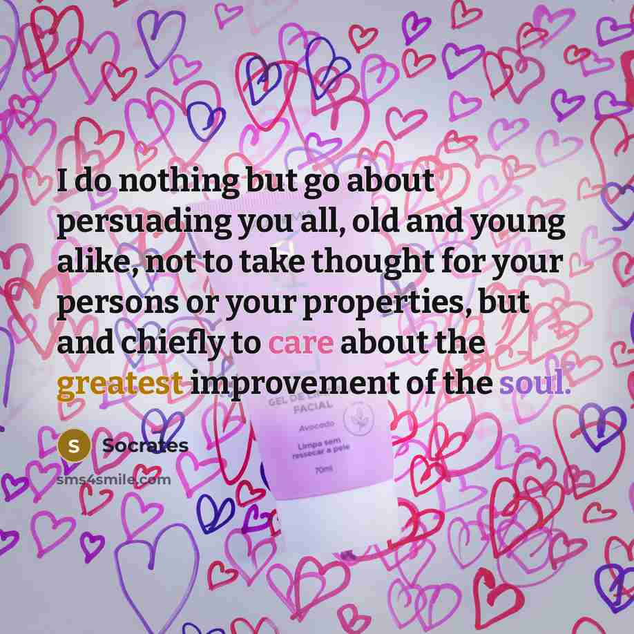 “I do nothing but go about persuading you all, old and young alike, not to take thought for your persons or your properties, but and chiefly to care about the greatest improvement of the soul.” quote by Socrates