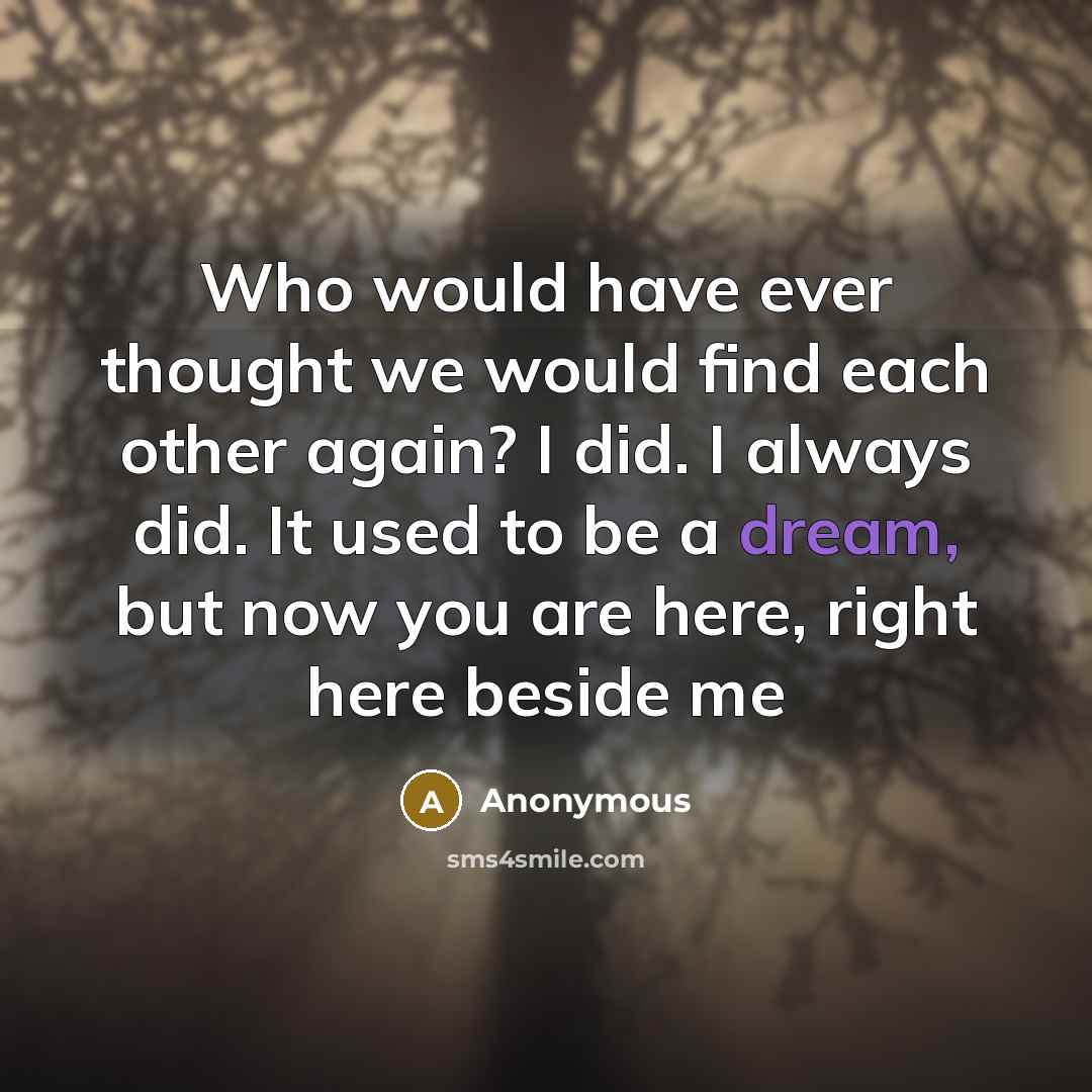 “Who would have ever thought we would find each other again? I did. I always did. It used to be a dream, but now you are here, right here beside me” quote by Anonymous