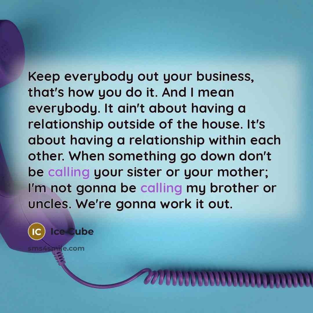 “Keep everybody out your business, that's how you do it. And I mean everybody. It ain't about having a relationship outside of the house. It's about having a relationship within each other. When something go down don't be calling your sister or your mother; I'm not gonna be calling my brother or…” quote by Ice Cube