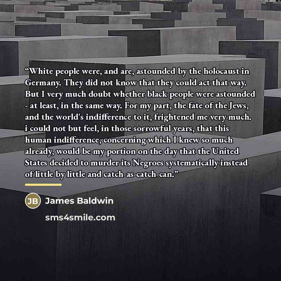 “White people were, and are, astounded by the holocaust in Germany. They did not know that they could act that way. But I very much doubt whether black people were astounded - at least, in the same way. For my part, the fate of the Jews, and the world's indifference to it, frightened me very much…” quote by James Baldwin
