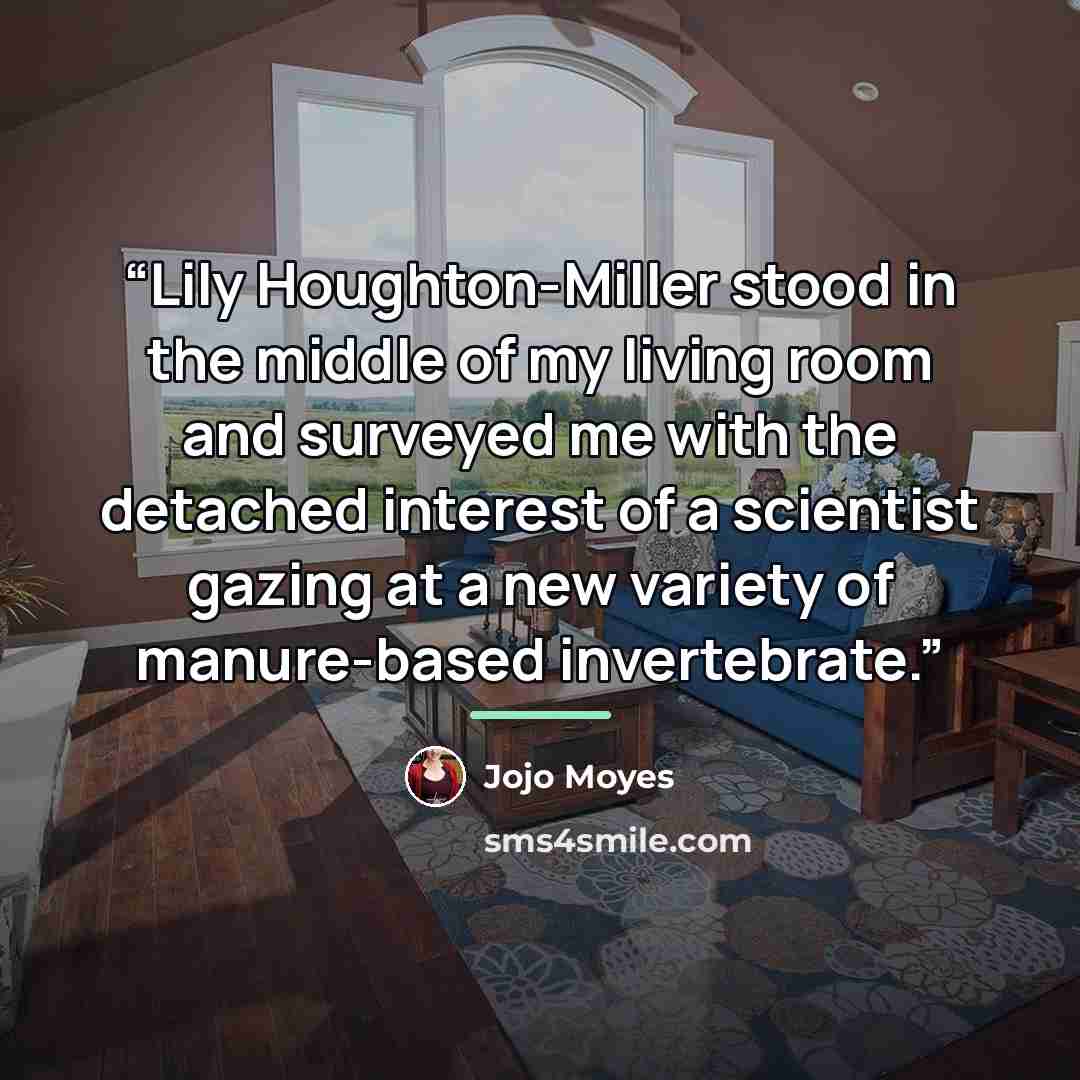 “Lily Houghton-Miller stood in the middle of my living room and surveyed me with the detached interest of a scientist gazing at a new variety of manure-based invertebrate.” quote by Jojo Moyes