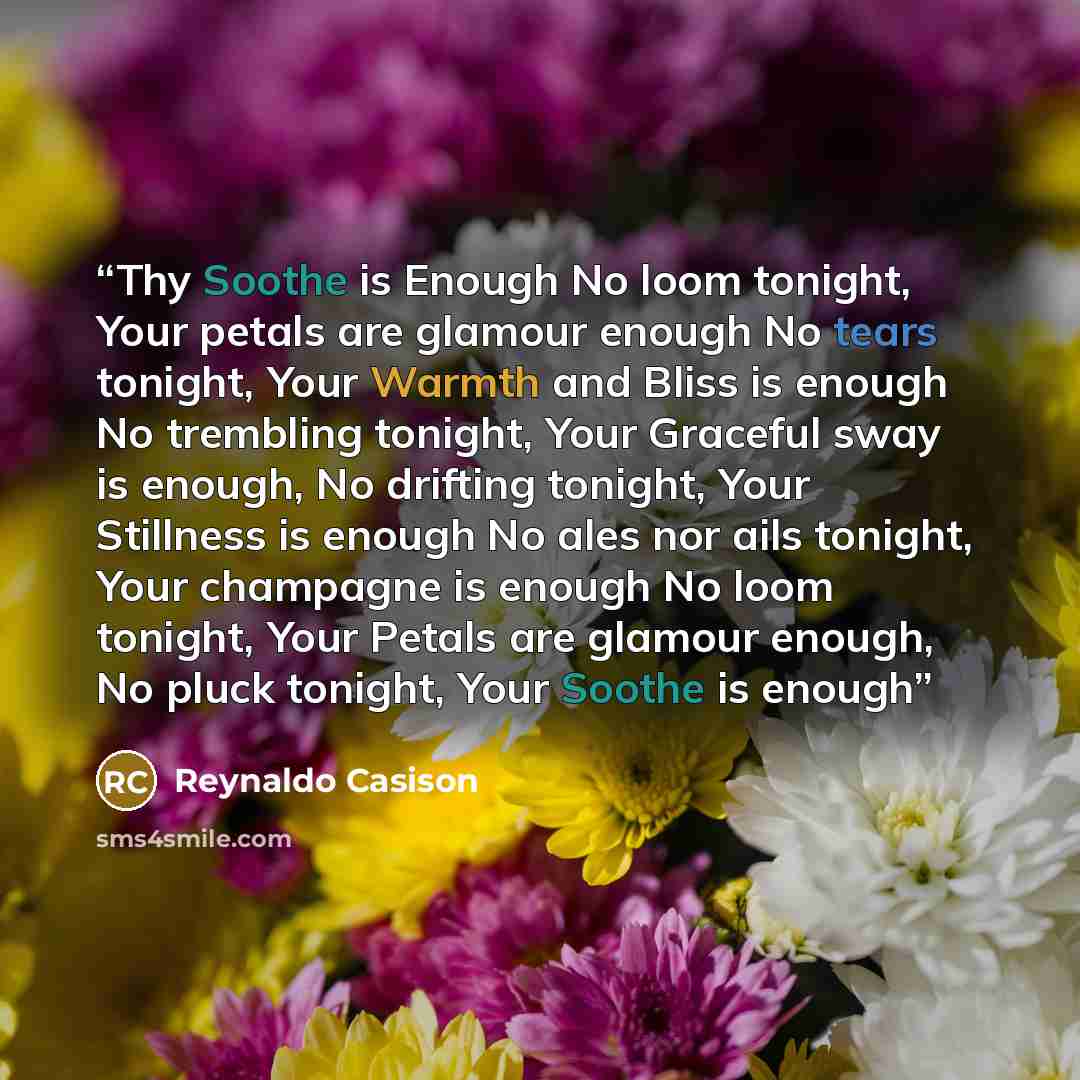 “Thy Soothe is Enough No loom tonight, Your petals are glamour enough No tears tonight, Your Warmth and Bliss is enough No trembling tonight, Your Graceful sway is enough, No drifting tonight, Your Stillness is enough No ales nor ails tonight, Your champagne is enough No loom tonight, Your Petals…” quote by Reynaldo Casison