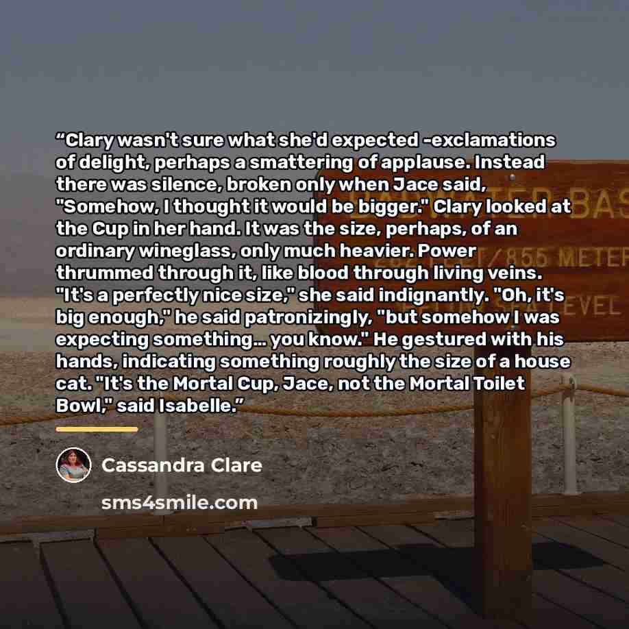 “Clary wasn't sure what she'd expected -exclamations of delight, perhaps a smattering of applause. Instead there was silence, broken only when Jace said, "Somehow, I thought it would be bigger." Clary looked at the Cup in her hand. It was the size, perhaps, of an ordinary wineglass, only much…” quote by Cassandra Clare