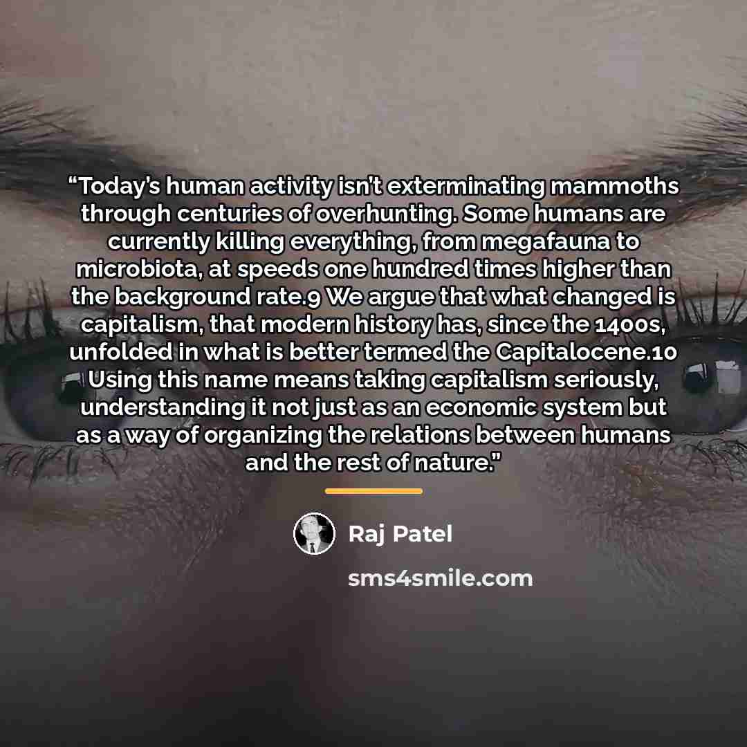 “Today’s human activity isn’t exterminating mammoths through centuries of overhunting. Some humans are currently killing everything, from megafauna to microbiota, at speeds one hundred times higher than the background rate.9 We argue that what changed is capitalism, that modern history has, since…” quote by Raj Patel