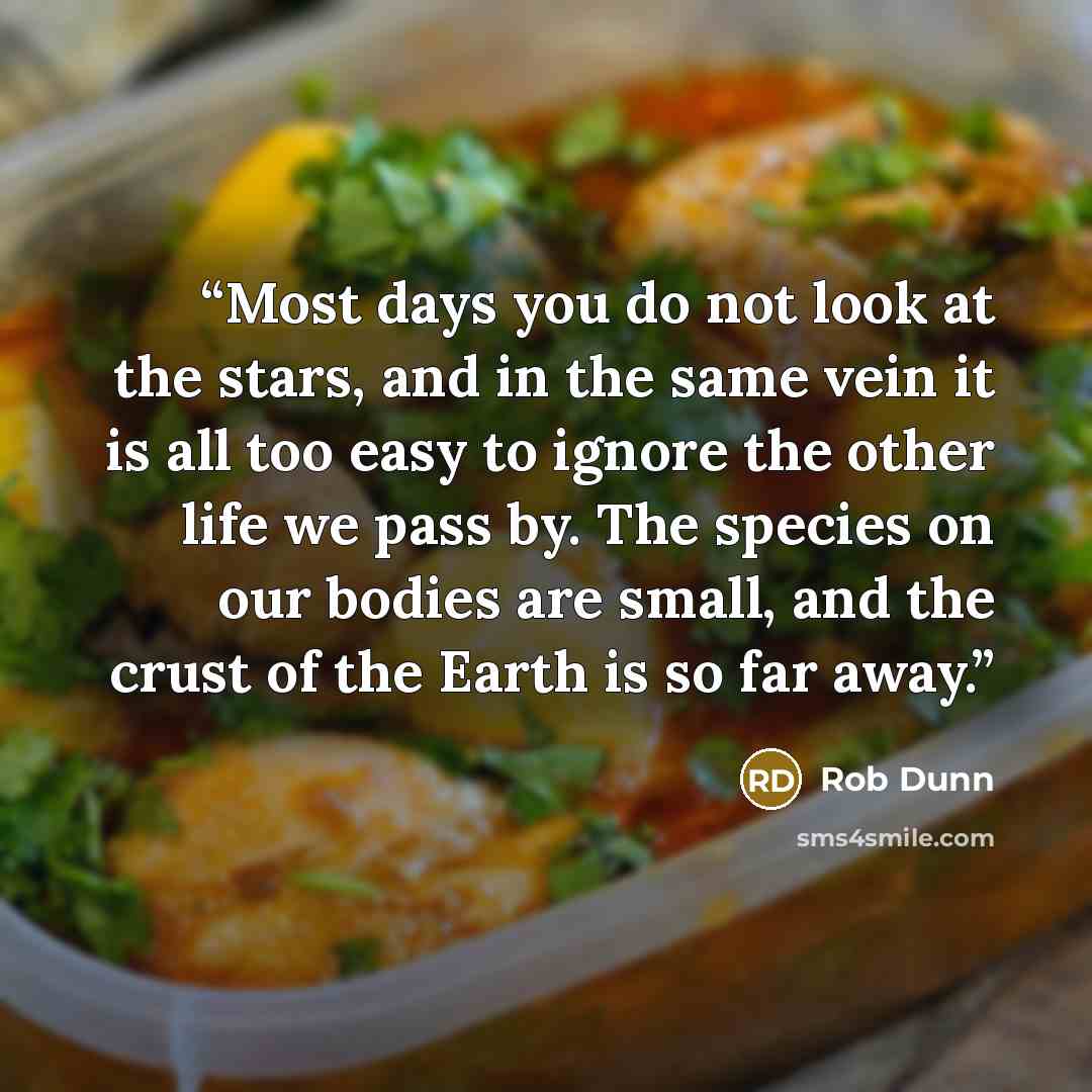 “Most days you do not look at the stars, and in the same vein it is all too easy to ignore the other life we pass by. The species on our bodies are small, and the crust of the Earth is so far away.” quote by Rob Dunn