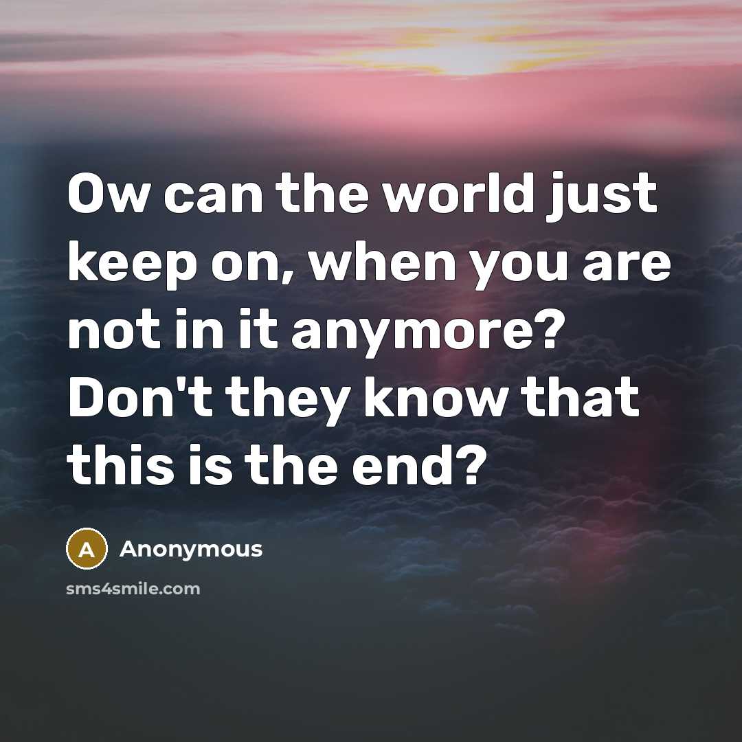 “Ow can the world just keep on, when you are not in it anymore? Don't they know that this is the end?” quote by Anonymous