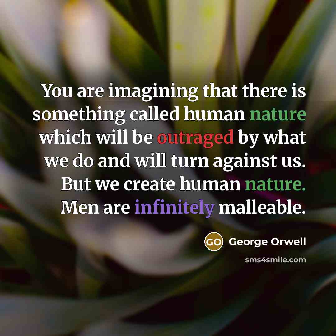“You are imagining that there is something called human nature which will be outraged by what we do and will turn against us. But we create human nature. Men are infinitely malleable.” quote by George Orwell