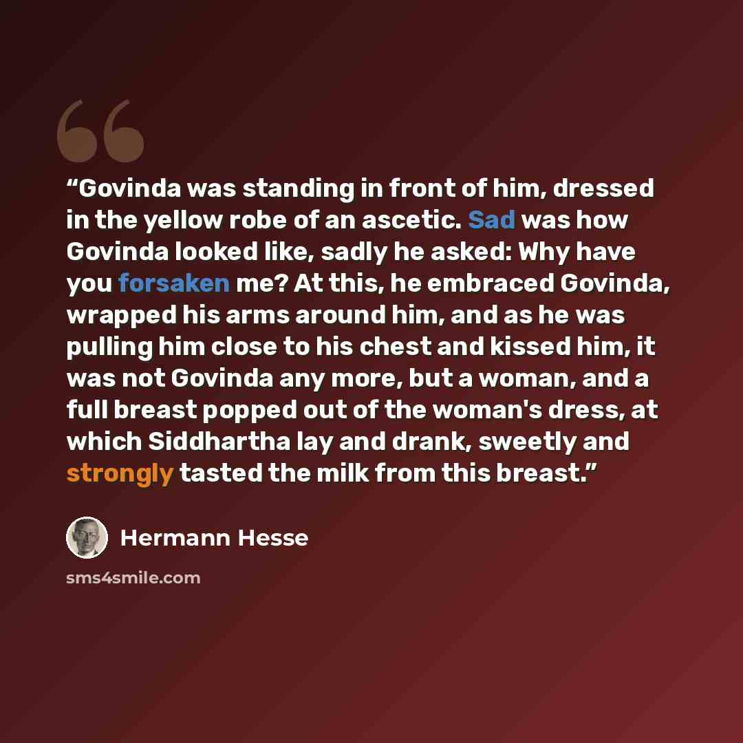 “Govinda was standing in front of him, dressed in the yellow robe of an ascetic. Sad was how Govinda looked like, sadly he asked: Why have you forsaken me? At this, he embraced Govinda, wrapped his arms around him, and as he was pulling him close to his chest and kissed him, it was not Govinda any…” quote by Hermann Hesse