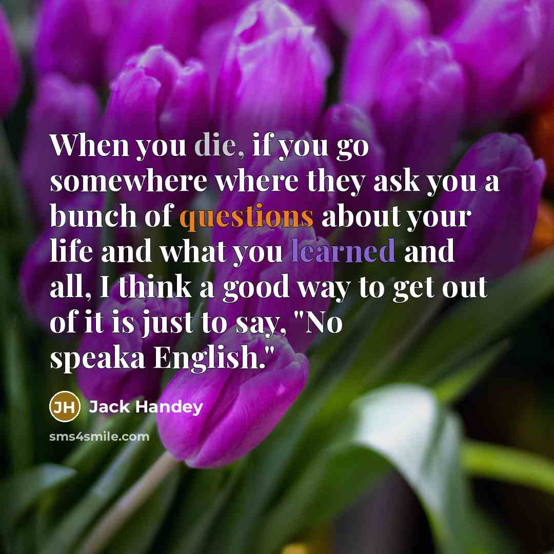 “When you die, if you go somewhere where they ask you a bunch of questions about your life and what you learned and all, I think a good way to get out of it is just to say, "No speaka English."” quote by Jack Handey