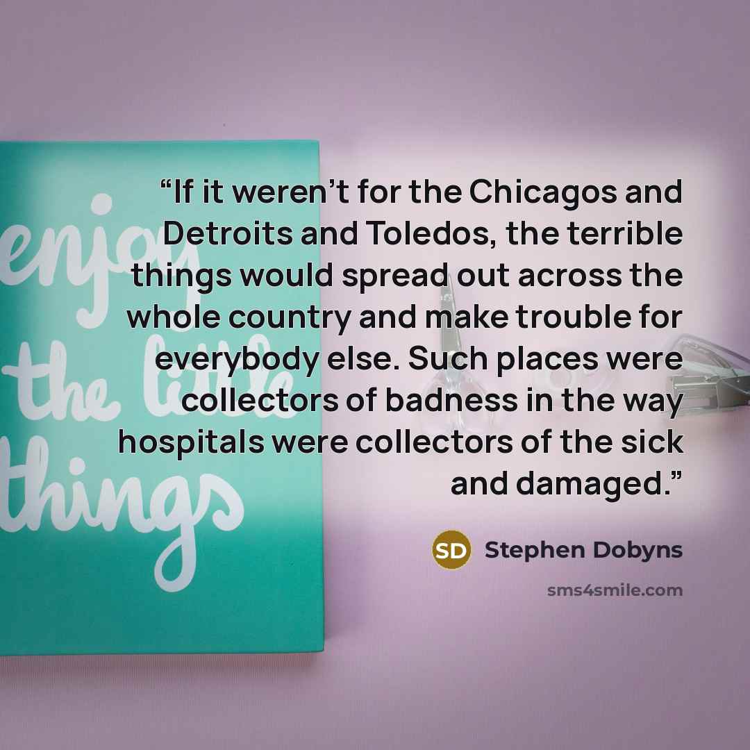 “If it weren't for the Chicagos and Detroits and Toledos, the terrible things would spread out across the whole country and make trouble for everybody else. Such places were collectors of badness in the way hospitals were collectors of the sick and damaged.” quote by Stephen Dobyns