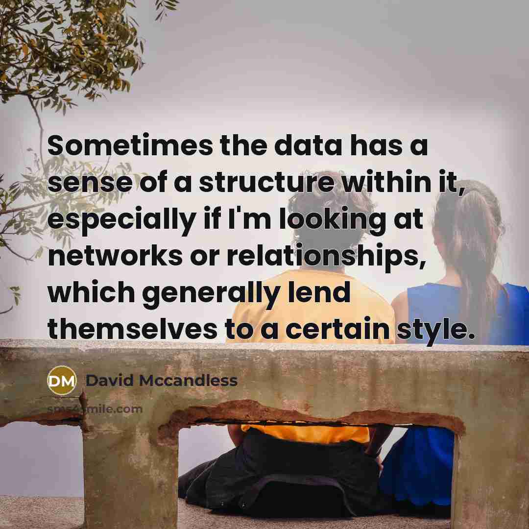 “Sometimes the data has a sense of a structure within it, especially if I'm looking at networks or relationships, which generally lend themselves to a certain style.” quote by David Mccandless