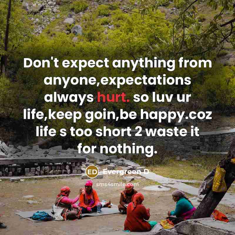 “Don't expect anything from anyone,expectations always hurt. so luv ur life,keep goin,be happy.coz life s too short 2 waste it for nothing.” quote by Evergreen D