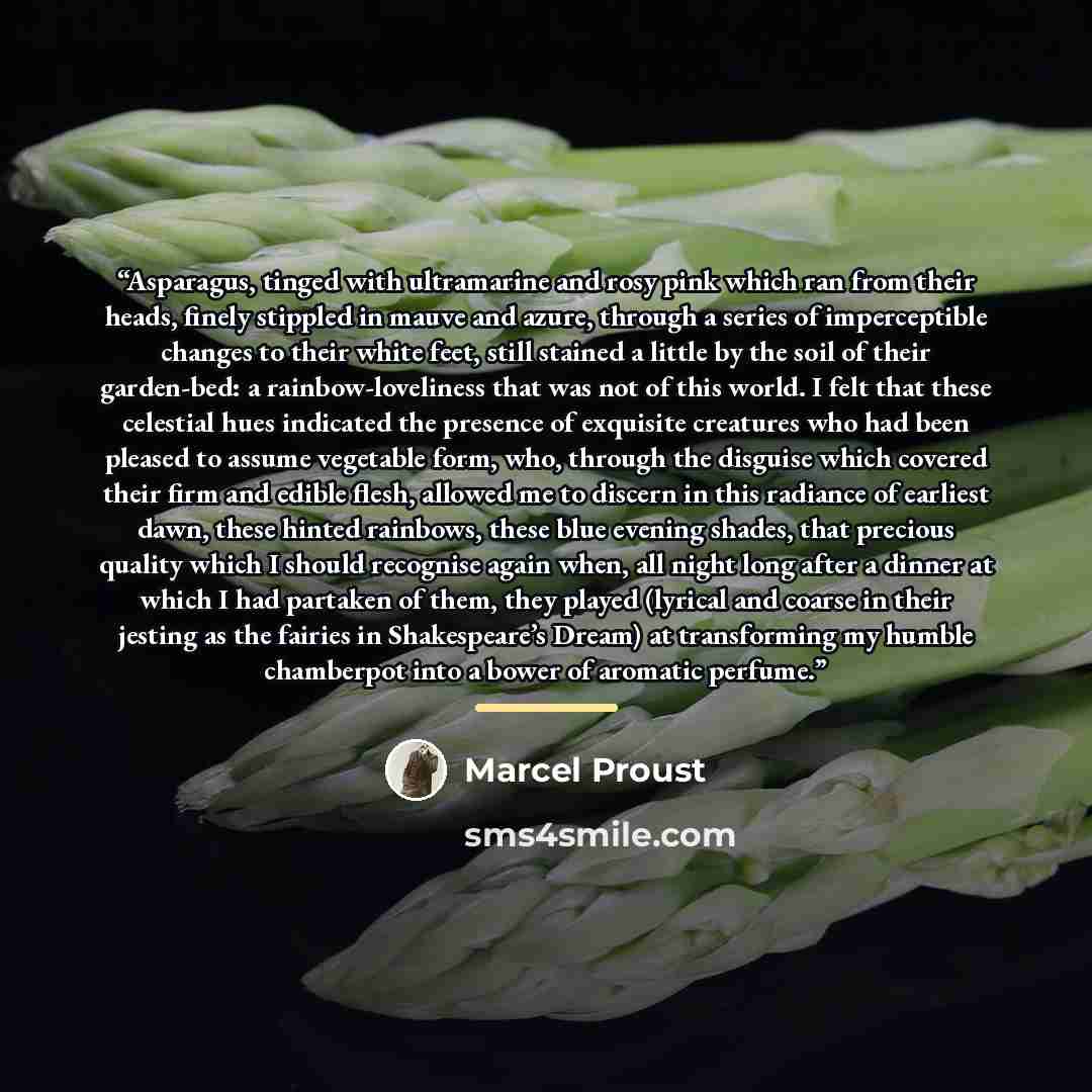 “Asparagus, tinged with ultramarine and rosy pink which ran from their heads, finely stippled in mauve and azure, through a series of imperceptible changes to their white feet, still stained a little by the soil of their garden-bed: a rainbow-loveliness that was not of this world. I felt that these…” quote by Marcel Proust