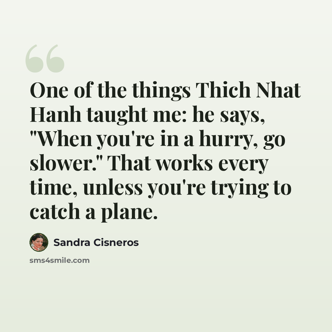 “One of the things Thich Nhat Hanh taught me: he says, "When you're in a hurry, go slower." That works every time, unless you're trying to catch a plane.” quote by Sandra Cisneros