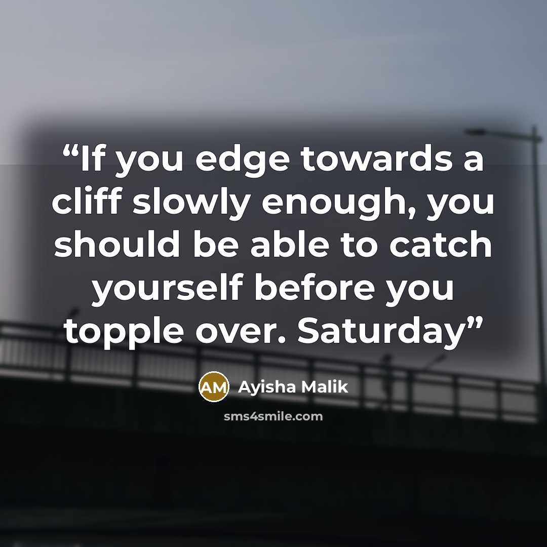 “If you edge towards a cliff slowly enough, you should be able to catch yourself before you topple over. Saturday” quote by Ayisha Malik