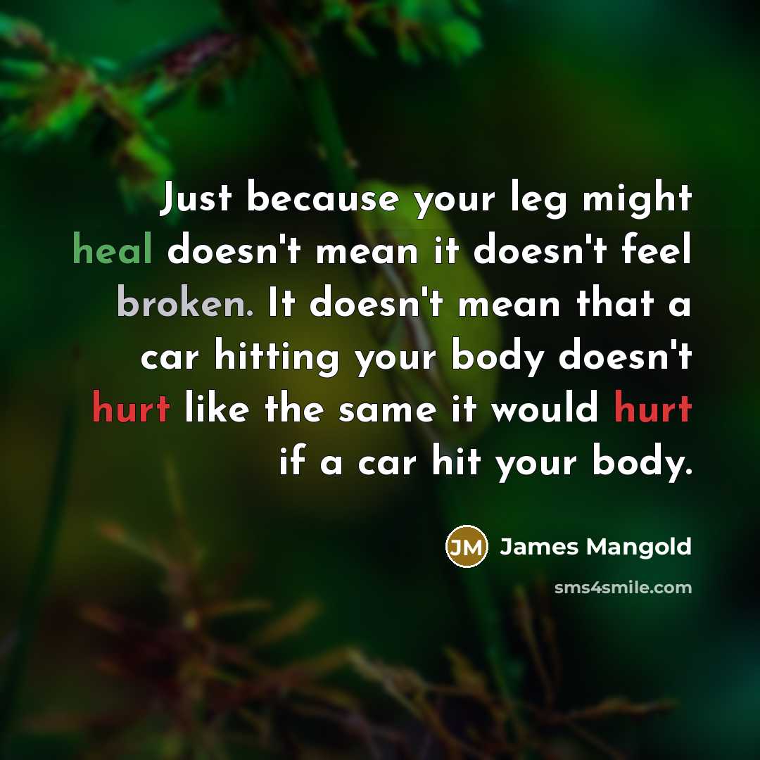 “Just because your leg might heal doesn't mean it doesn't feel broken. It doesn't mean that a car hitting your body doesn't hurt like the same it would hurt if a car hit your body.” quote by James Mangold