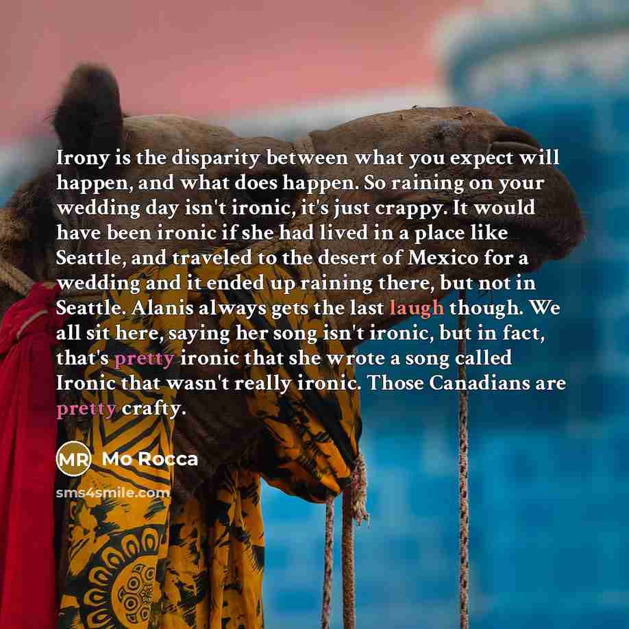 “Irony is the disparity between what you expect will happen, and what does happen. So raining on your wedding day isn't ironic, it's just crappy. It would have been ironic if she had lived in a place like Seattle, and traveled to the desert of Mexico for a wedding and it ended up raining there, but…” quote by Mo Rocca