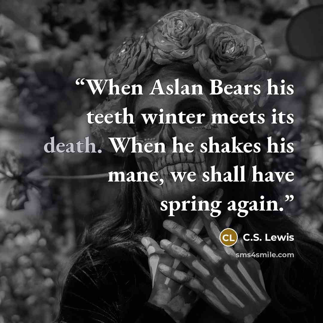 “When Aslan Bears his teeth winter meets its death. When he shakes his mane, we shall have spring again.” quote by C.S. Lewis
