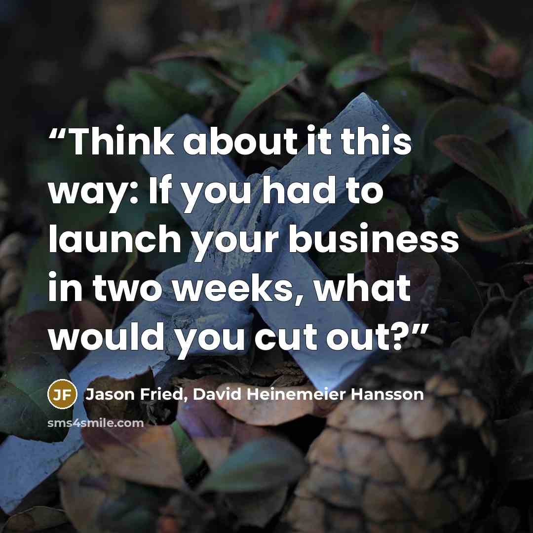 “Think about it this way: If you had to launch your business in two weeks, what would you cut out?” quote by Jason Fried, David Heinemeier Hansson