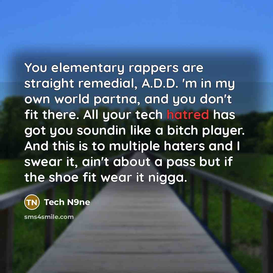 “You elementary rappers are straight remedial, A.D.D. 'm in my own world partna, and you don't fit there. All your tech hatred has got you soundin like a bitch player. And this is to multiple haters and I swear it, ain't about a pass but if the shoe fit wear it nigga.” quote by Tech N9ne