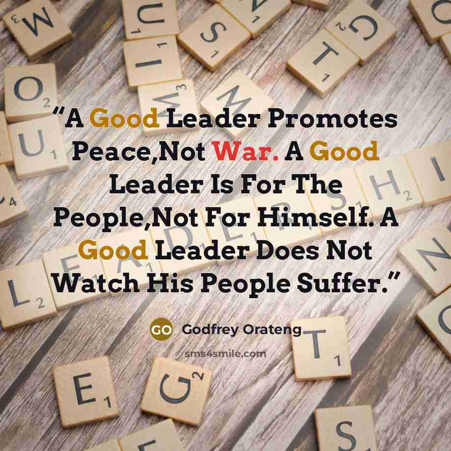 “A Good Leader Promotes Peace,Not War. A Good Leader Is For The People,Not For Himself. A Good Leader Does Not Watch His People Suffer.” quote by Godfrey Orateng