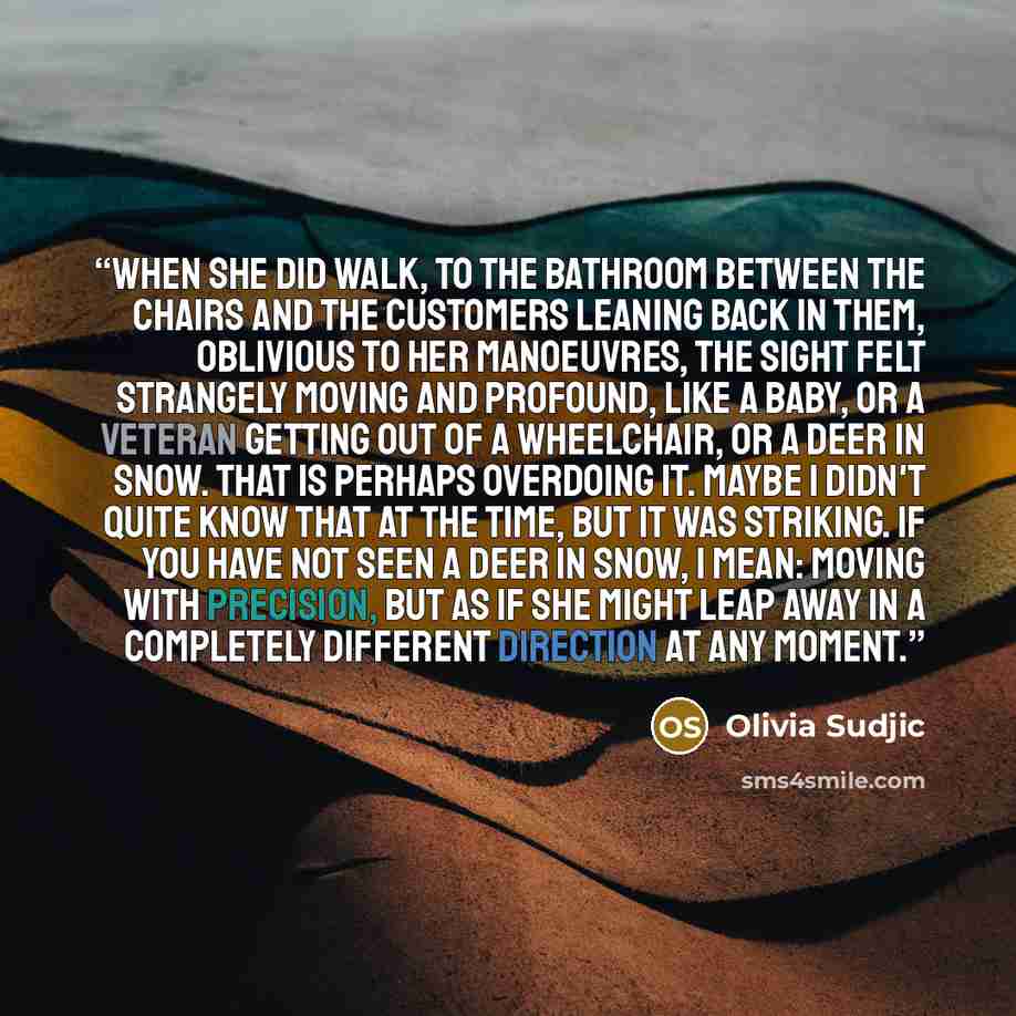 “When she did walk, to the bathroom between the chairs and the customers leaning back in them, oblivious to her manoeuvres, the sight felt strangely moving and profound, like a baby, or a veteran getting out of a wheelchair, or a deer in snow. That is perhaps overdoing it. Maybe I didn't quite know…” quote by Olivia Sudjic