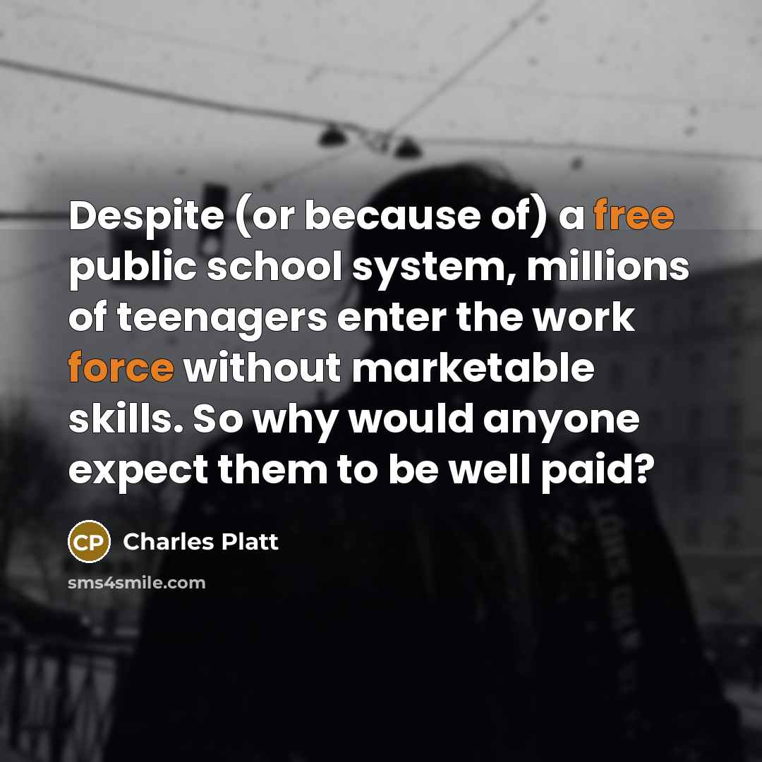 “Despite (or because of) a free public school system, millions of teenagers enter the work force without marketable skills. So why would anyone expect them to be well paid?” quote by Charles Platt