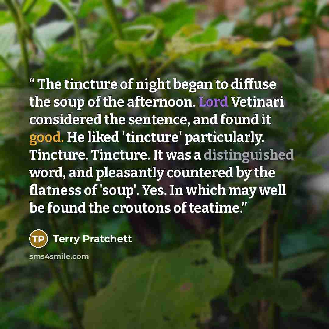 “The tincture of night began to diffuse the soup of the afternoon. Lord Vetinari considered the sentence, and found it good. He liked 'tincture' particularly. Tincture. Tincture. It was a distinguished word, and pleasantly countered by the flatness of 'soup'. Yes. In which may well be found the…” quote by Terry Pratchett