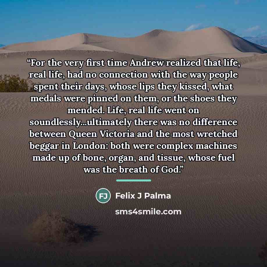“For the very first time Andrew realized that life, real life, had no connection with the way people spent their days, whose lips they kissed, what medals were pinned on them, or the shoes they mended. Life, real life went on soundlessly...ultimately there was no difference between Queen Victoria…” quote by Felix J Palma