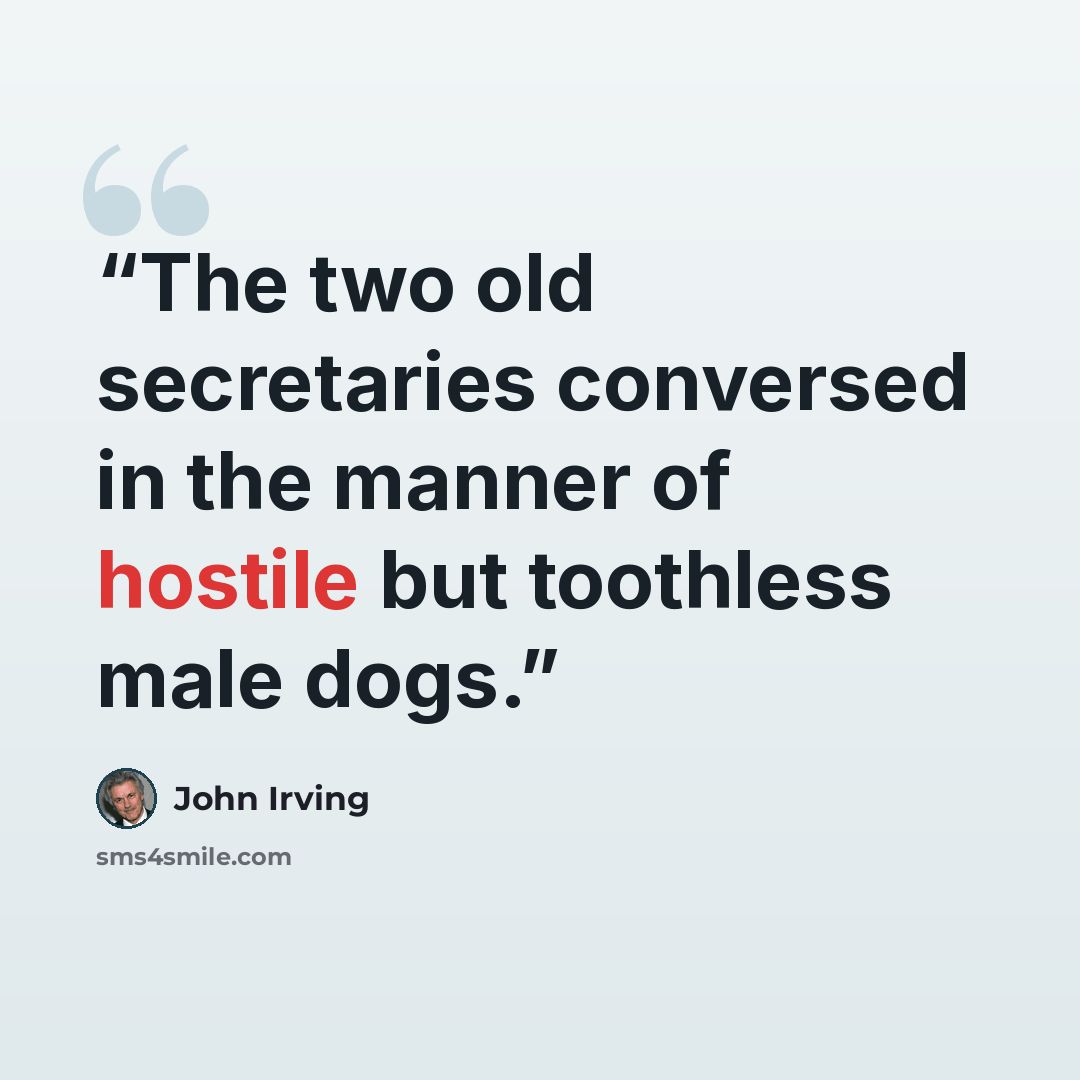 “The two old secretaries conversed in the manner of hostile but toothless male dogs.” quote by John Irving