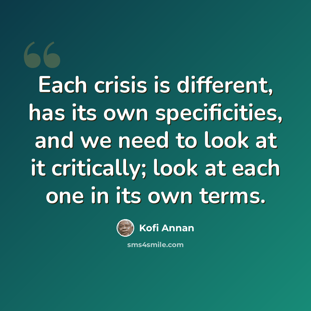 “Each crisis is different, has its own specificities, and we need to look at it critically; look at each one in its own terms.” quote by Kofi Annan