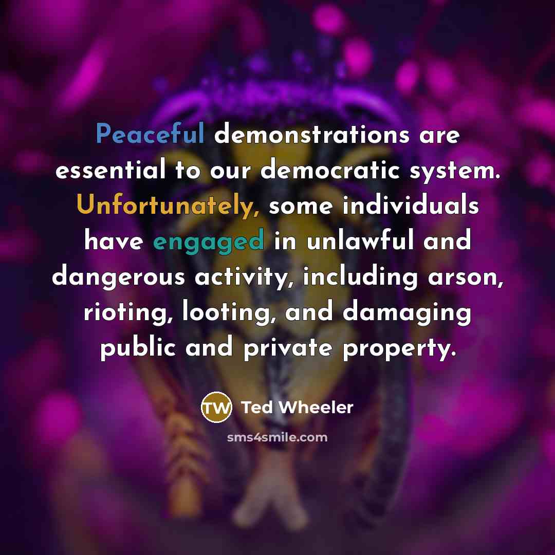 “Peaceful demonstrations are essential to our democratic system. Unfortunately, some individuals have engaged in unlawful and dangerous activity, including arson, rioting, looting, and damaging public and private property.” quote by Ted Wheeler
