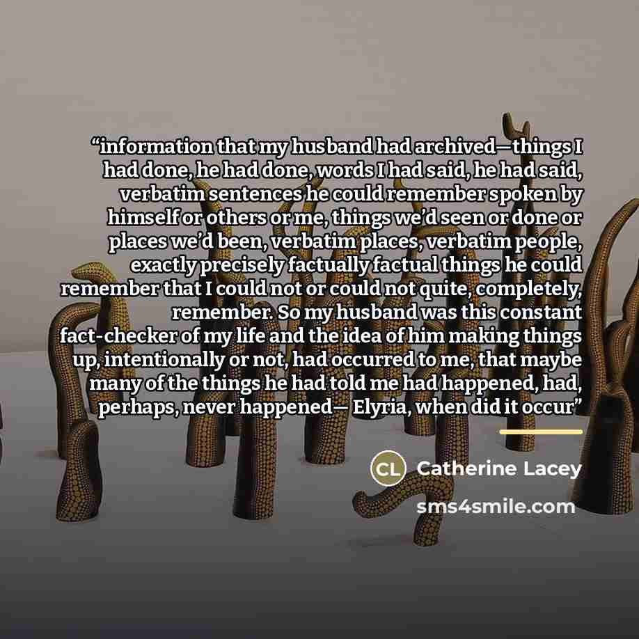 “information that my husband had archived—things I had done, he had done, words I had said, he had said, verbatim sentences he could remember spoken by himself or others or me, things we’d seen or done or places we’d been, verbatim places, verbatim people, exactly precisely factually factual things…” quote by Catherine Lacey