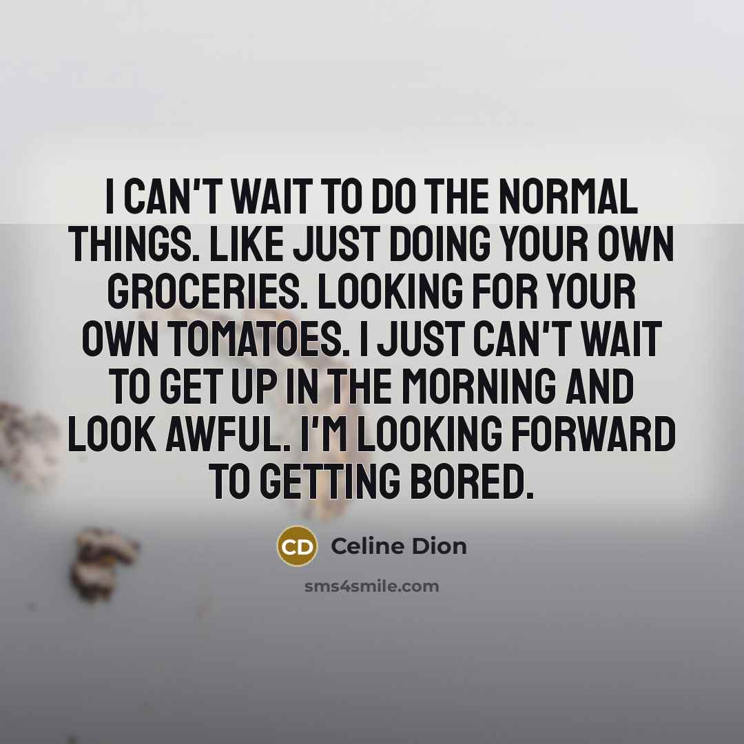 “I can't wait to do the normal things. Like just doing your own groceries. Looking for your own tomatoes. I just can't wait to get up in the morning and look awful. I'm looking forward to getting bored.” quote by Celine Dion