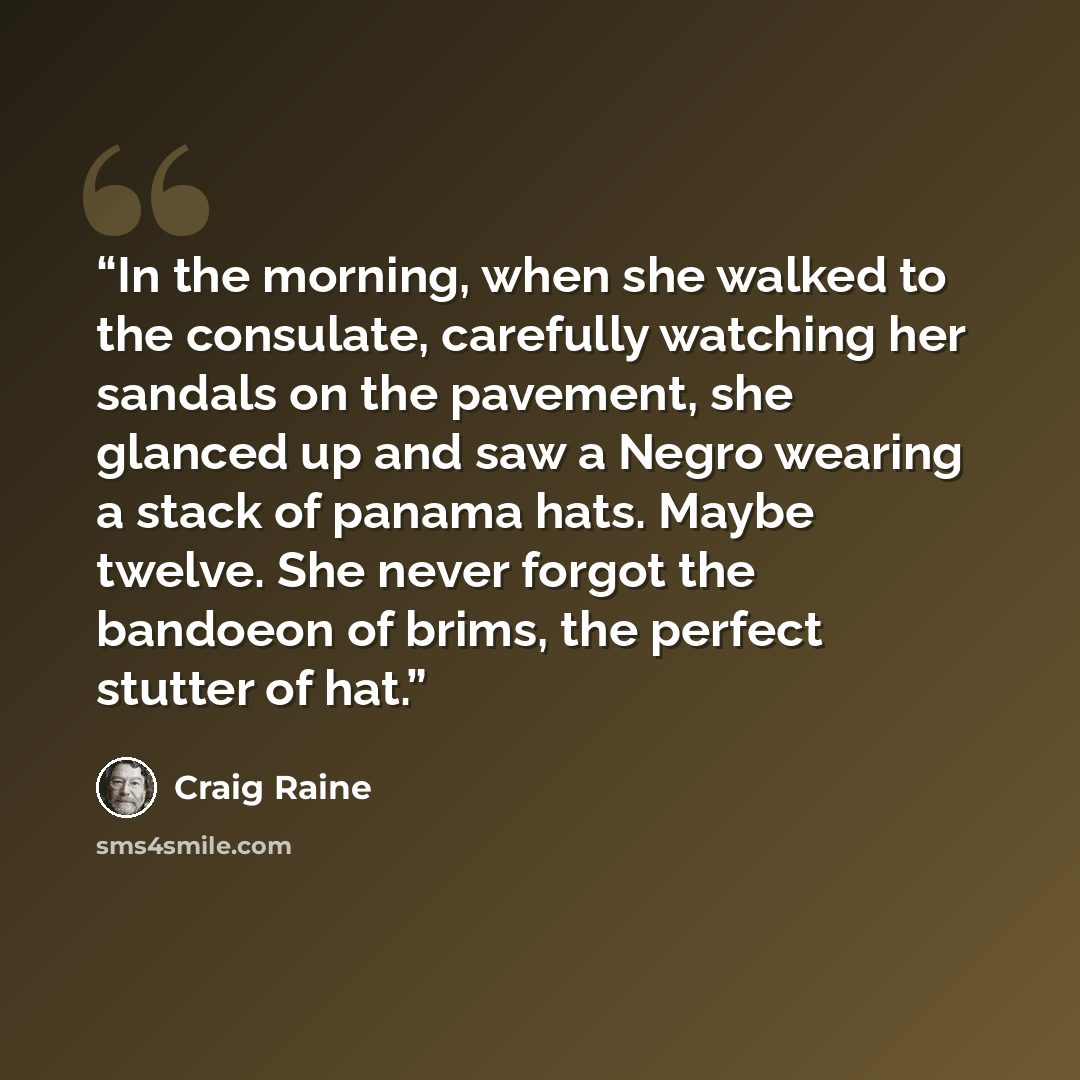 “In the morning, when she walked to the consulate, carefully watching her sandals on the pavement, she glanced up and saw a Negro wearing a stack of panama hats. Maybe twelve. She never forgot the bandoeon of brims, the perfect stutter of hat.” quote by Craig Raine