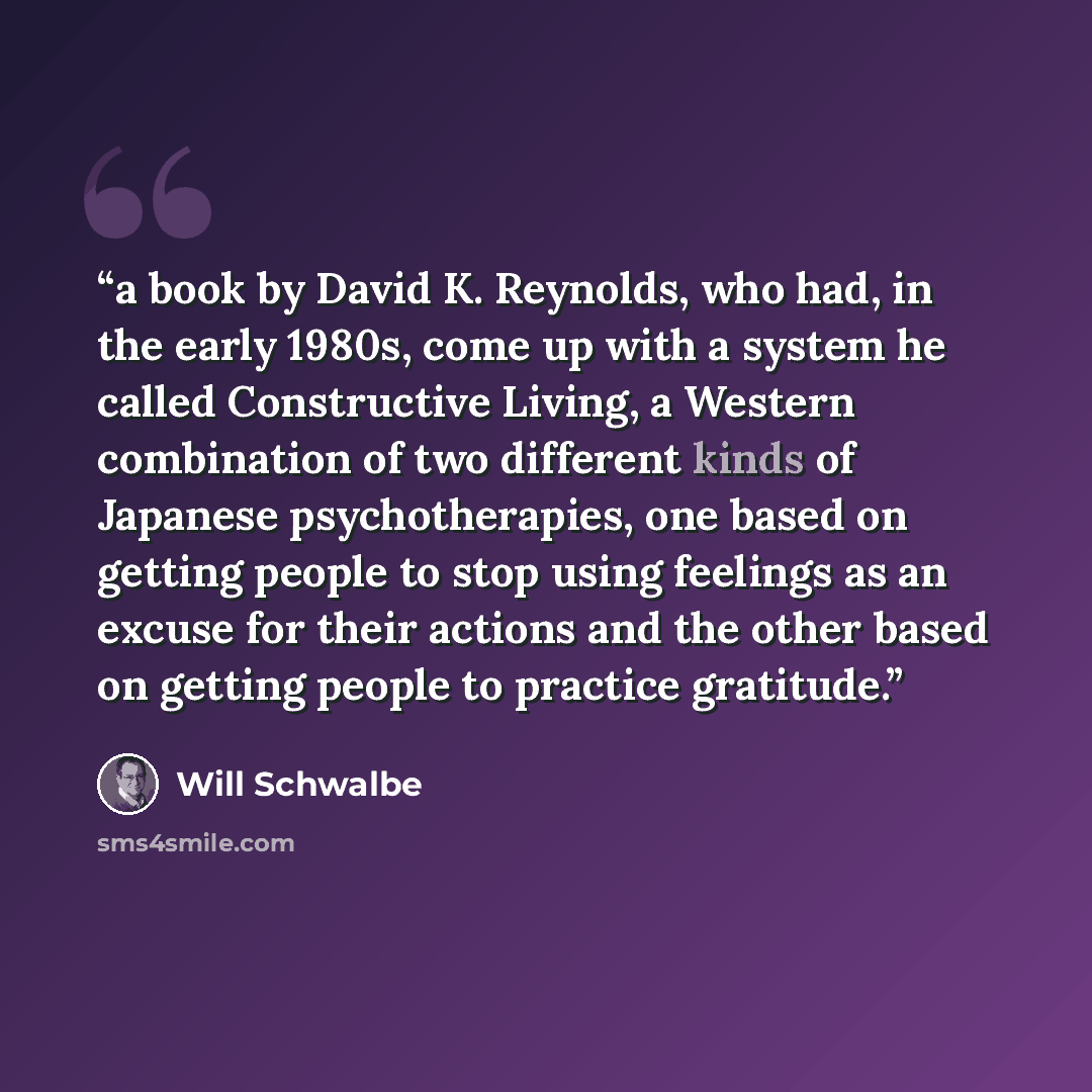 “a book by David K. Reynolds, who had, in the early 1980s, come up with a system he called Constructive Living, a Western combination of two different kinds of Japanese psychotherapies, one based on getting people to stop using feelings as an excuse for their actions and the other based on getting…” quote by Will Schwalbe