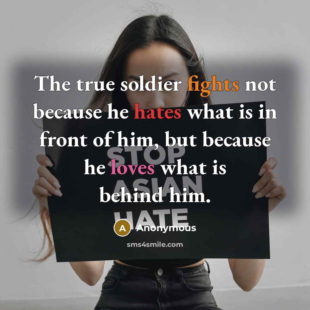 “The true soldier fights not because he hates what is in front of him, but because he loves what is behind him.” quote by Anonymous