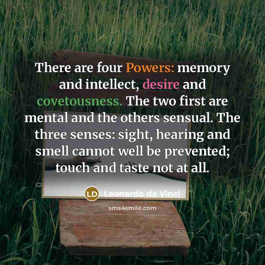 “There are four Powers: memory and intellect, desire and covetousness. The two first are mental and the others sensual. The three senses: sight, hearing and smell cannot well be prevented; touch and taste not at all.” quote by Leonardo da Vinci