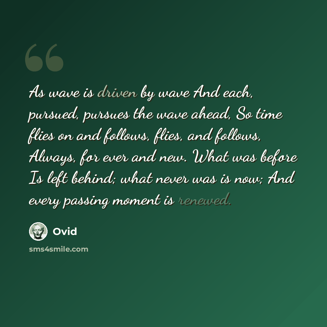 “As wave is driven by wave And each, pursued, pursues the wave ahead, So time flies on and follows, flies, and follows, Always, for ever and new. What was before Is left behind; what never was is now; And every passing moment is renewed.” quote by Ovid