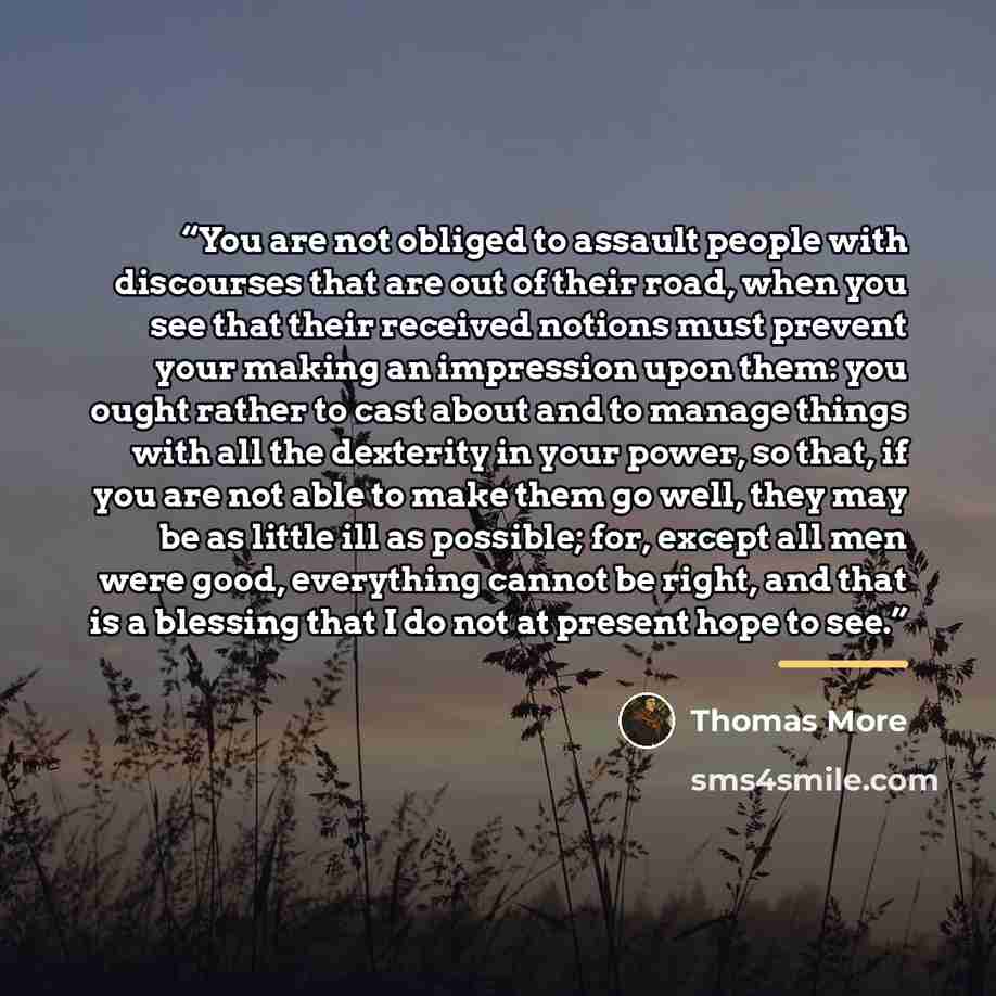 “You are not obliged to assault people with discourses that are out of their road, when you see that their received notions must prevent your making an impression upon them: you ought rather to cast about and to manage things with all the dexterity in your power, so that, if you are not able to…” quote by Thomas More