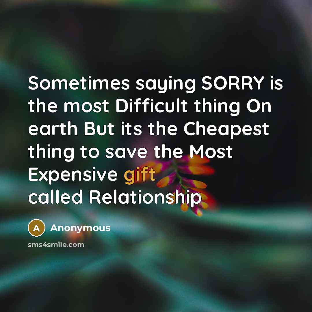 “Sometimes saying SORRY is the most Difficult thing On earth But its the Cheapest thing to save the Most Expensive gift called Relationship” quote by Anonymous
