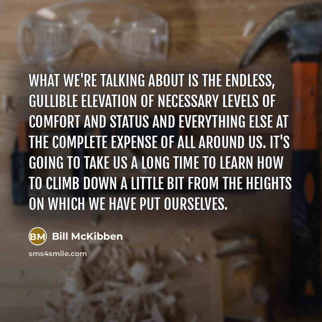 “What we're talking about is the endless, gullible elevation of necessary levels of comfort and status and everything else at the complete expense of all around us. It's going to take us a long time to learn how to climb down a little bit from the heights on which we have put ourselves.” quote by Bill McKibben